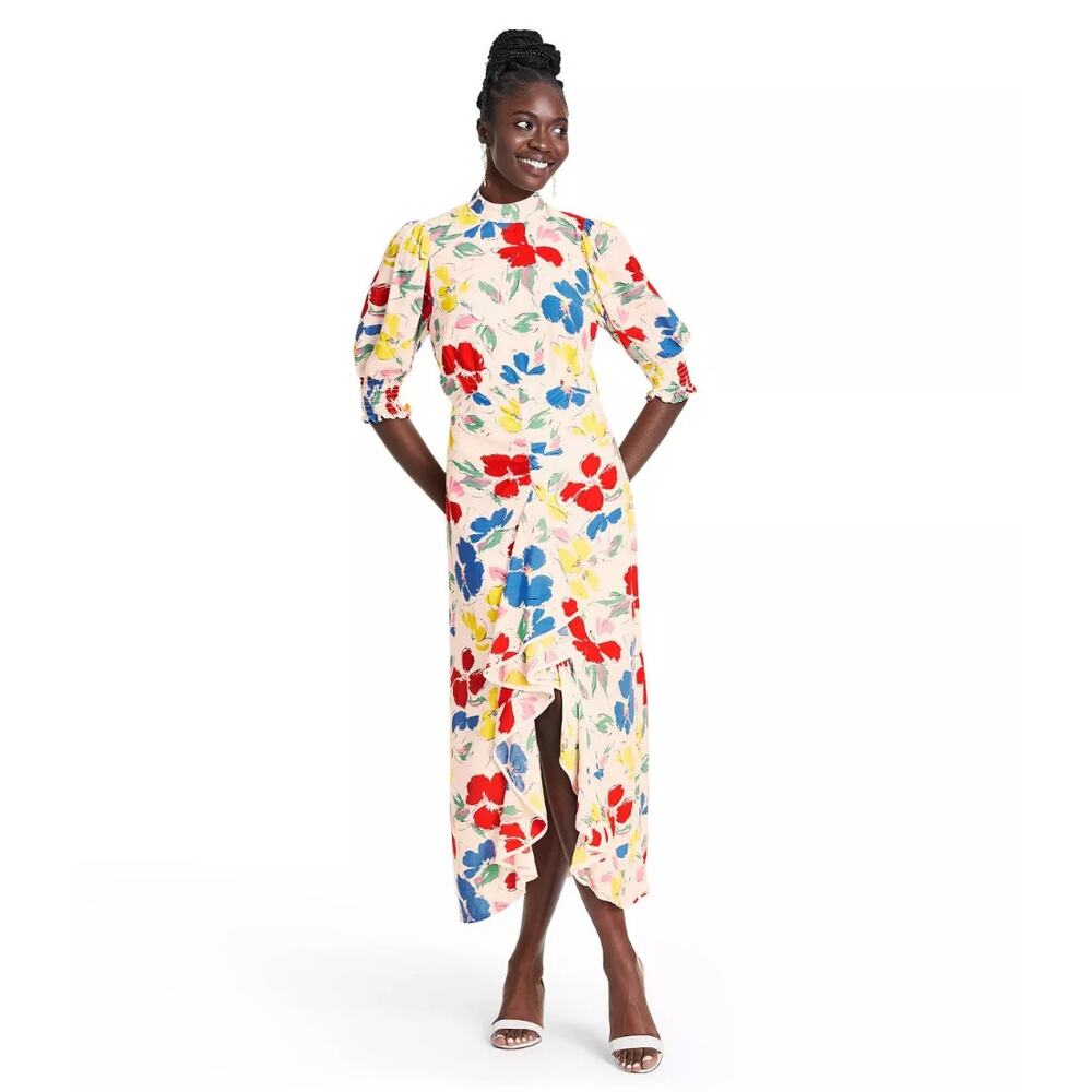 Rixo Target Abstract Floral Mock Neck Ruffle Midi Dress Size 8 Multicolored - Picture 7 of 11
